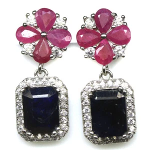 Gemstone Heated 6 x 8 mm. Blue Sapphire, Ruby & Zircon Earrings 925 Silver - Picture 1 of 4