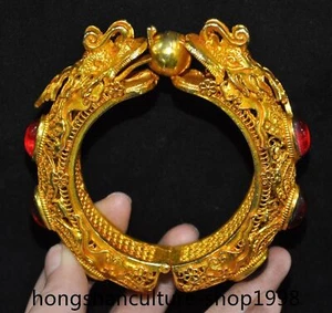 bronze gilt wealth Feng Shui animal dragon bead Exorcism bracelet hand ring - Picture 1 of 6