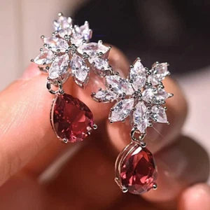 White Gold Filled Silver Sterling Pear Cut Lab Created Ruby Drop Earring - Picture 1 of 6