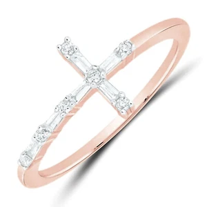 0.12CTW Natural Diamond 10K Rose Gold Round Baguette Sideways Cross Ring - Picture 1 of 2