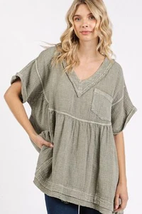 Mittoshop Mineral Wash Gauze Babydoll V-Neck Oversized Blouse - Picture 1 of 5