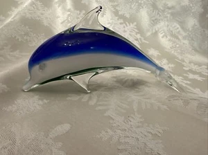 Murano Style Art Glass Dolphin Sea Life Paperweight Blue Green White Hand Blown - Picture 1 of 6