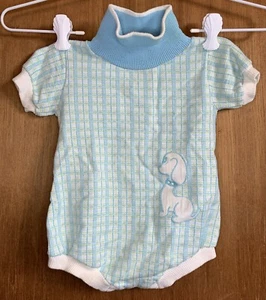 Vintage 70er Jahre karierter Baby Strampler 9 Monate Healthtex blau bestickt Hund Retro - Bild 1 von 7