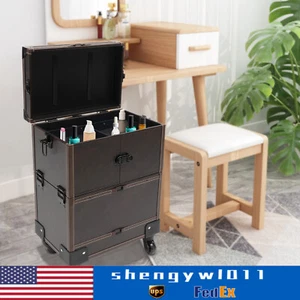 Estuche de tren de maquillaje con ruedas rectangular carro organizador de cosméticos caja con espejo - Imagen 1 de 23