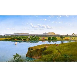 Von Guerard, Purrumbete From Across The Lake, Canvas Print, 12" x 20" + Border - Picture 1 of 10