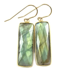 Labradorite Earrings Blue Rectangle Long Bezel drops 14k Gold 1.9 " Dangles - Picture 1 of 2