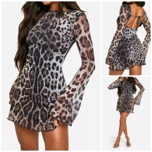 WOMANS SEXY LEOPARD PRINT MESH FLARE SLEEVE MINI DRESS CLUBWEAR PARTY COCKTAIL - Picture 1 of 4