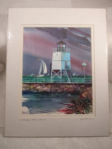 LOU McMURRAY WATERCOLOR PRINT SIGNED LIGHTHOUSE CHARLEVOIX PIER LIGHT, MI (4) - Picture 1 of 2