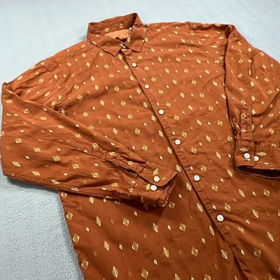 Tommy Bahama Aztec Shirt Mens Large Brown Gold Embroidered Silk Cotton Button Up - Image 1 of 4