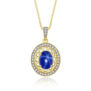 RYLOS BLUE STAR SAPPHIRE & DIAMOND GEMSTONE HALO PENDANT NECKLACE 18" YELLOW GO - Picture 1 of 6