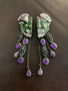 Pretty Purple Morning Glory Dangle Clip Earrings Read - Picture 1 of 9
