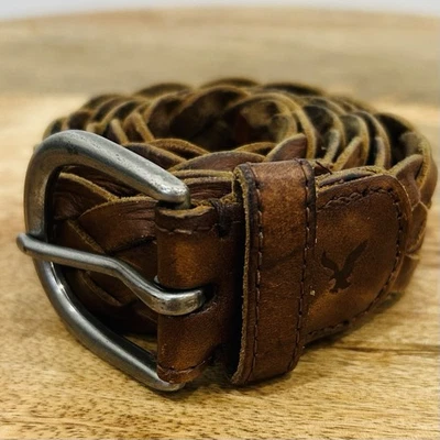 Винтажный мужской кожаный ремень Y2K American Eagle коричневый плетеный размер XS/маленький 47 дюймов - Изображение 1 из 4