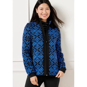T by Talbots Plus Size 1X Blue Black Patterned Full Zip Knit Jacket - Picture 1 of 10