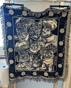 Manta de tapiz tejida con flecos para gatos gatitos vintage azul amarillo blanco - Imagen 1 de 11