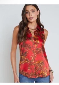 NWT L'AGENCE Emmy Sleeveless Silk Blouse High Risk Red Multi Jungle Toile Large - Picture 1 of 9