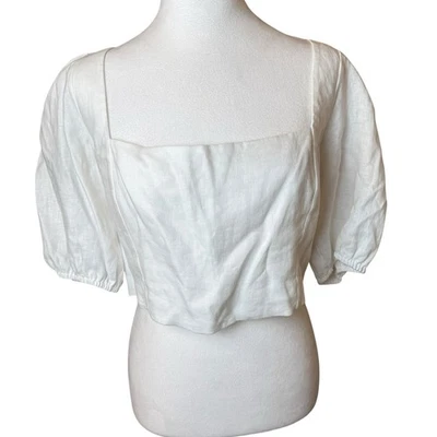 Top corto Reformation Yucca blanco lino cuello cuadrado mangas abullonadas talla 12 de lujo Foto 1 de 4