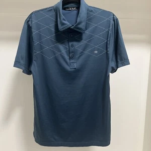 Travis Mathew T-Shirt Men's Size M Dusty Blue Collared Logo Geometric Stitching - Picture 1 of 6