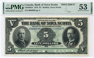 1918 $5 Bank of Nova Scotia, Halifax - SPECIMEN - About Uncirculated, PMG AU53 - Image 1 of 2