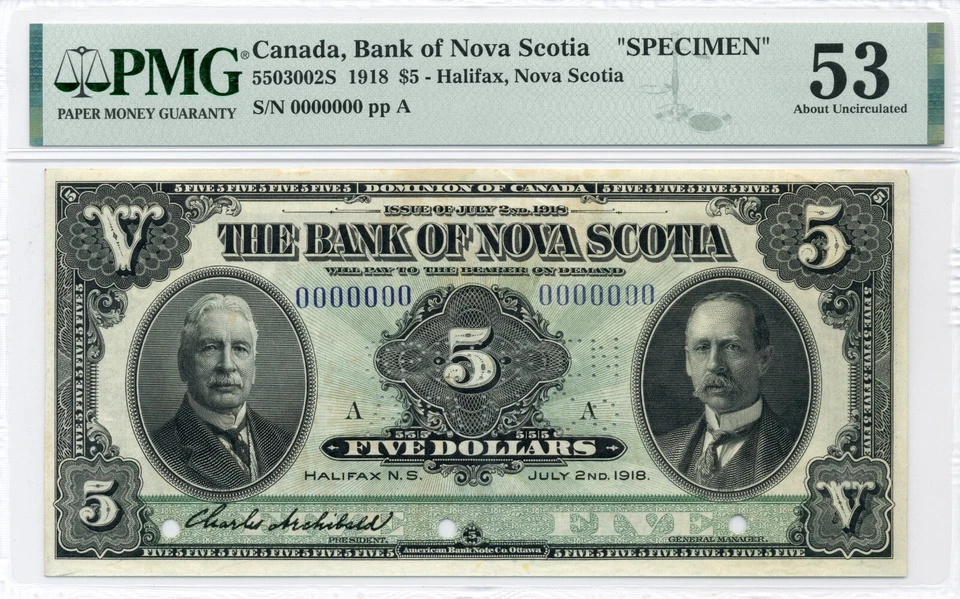 1918 $5 Bank of Nova Scotia, Halifax - SPECIMEN - About Uncirculated, PMG AU53 - Image 1 of 2