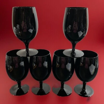 GLASSES: (6) MIDNIGHT BLACK  Wine Glasses. BLOWN. 6" x 2 5/8" Vtg VGC - Изображение 1 из 4