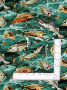 Fishing Fish Fabric By The Yard Trout Bass Fish in Water Green Cotton - Picture 1 of 1