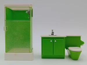 SET BAGNO F-P GIOCATTOLI VINTAGE ANNI 70 VERDE FISHER PRICE arredamento casa delle bambole - Foto 1 di 6