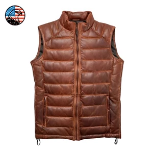 Men's Brown Puffer Quilted Genuine Leather Vest Lambskin Biker Motorcycle Jacket - Picture 1 of 6