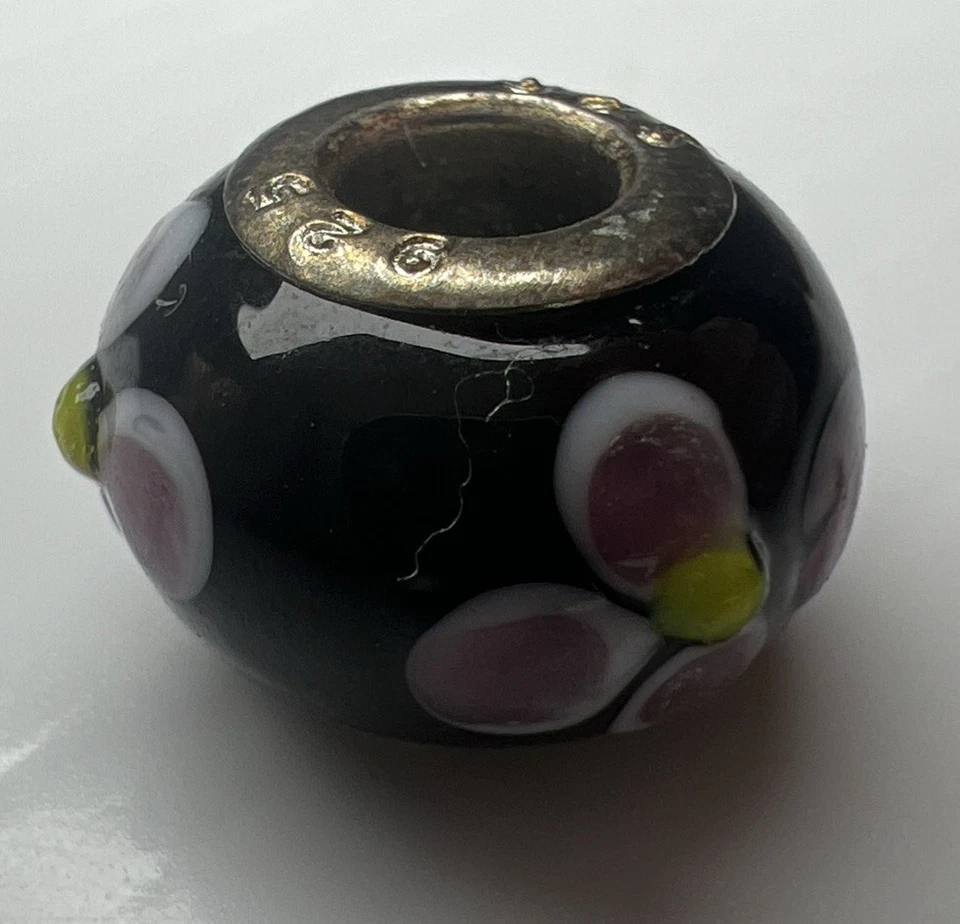 Cuentas de cristal de Murano de plata de ley 925 diapositiva europea de murano flores negras rosas Foto 1 de 4
