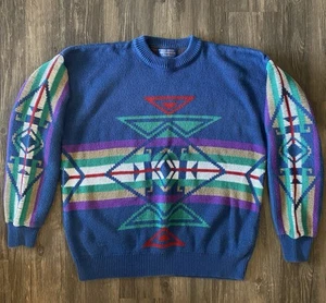 Vintage Pendleton High Grade Western Wear Sweater Blue Aztec Size L Made in USA - Picture 1 of 11