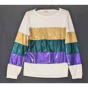 BIBI Mardi Gras Womens white long sleeve colorblock Stripe top futuristic Rave L - Imagen 1 de 5