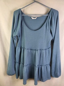 LC Lauren Conrad Women small  Blue Ribbed Tiered Babydoll Tunic Top Soft Flowy - Picture 1 of 9
