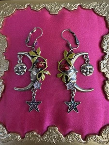 Kirks Folly Vintage Strawberry Crescent Moon Face Star Swarovski Earrings RARE - Picture 1 of 4
