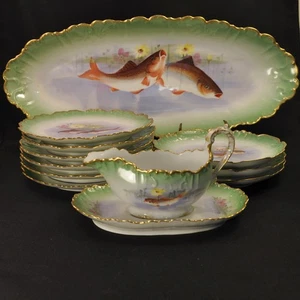 Limoges Fish Set KB Imperial 12 Piece Platter Plates Gravy Boat 1887 HandPainted - Picture 1 of 24