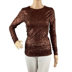 Top manga larga lentejuelas Free People Gold Rush talla XS chocolate caliente - Imagen 1 de 7