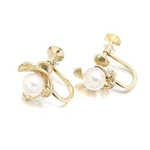 MIKIMOTO Earrings Pearl Leaf Motif K14 YG Yellow Gold Stud Screw Back authentic - Picture 1 of 3