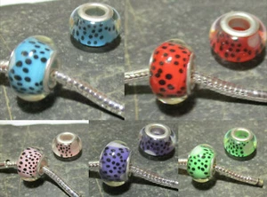 2 Modulperlen Großloch Glas 14x9 mm lila grün rot rosa blau gelb Punkte - Bild 1 von 12