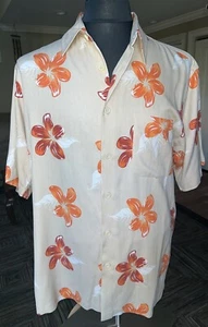 Men’s Izod Silk Hawaiian Short Sleeve Dress Shirt Orange Beige Flower Large - Picture 1 of 6