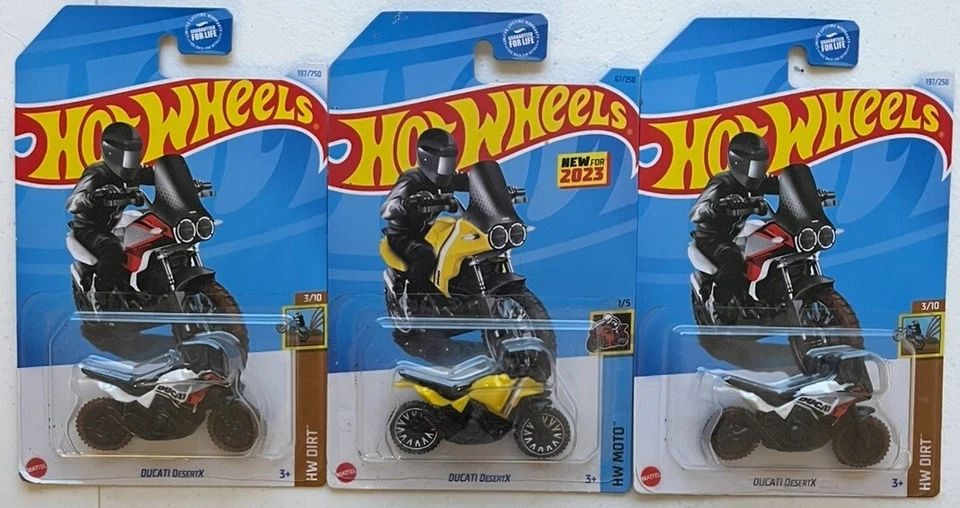 风火轮 HW Moto/Dirt Ducati DeserTX 批量 3 件 黄色和白色 — 第 1/1 张图片