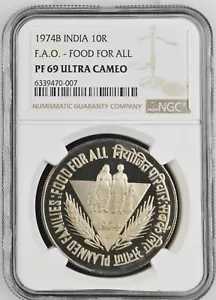 1974 India Republic 10 Rupees Proof FAO - NGC PF 69 Ultra Cameo - Picture 1 of 6