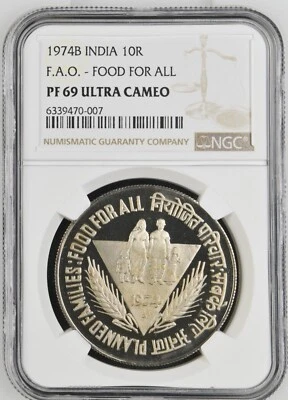 1974 India Republic 10 Rupees Proof FAO - NGC PF 69 Ultra Cameo - Image 1 of 4