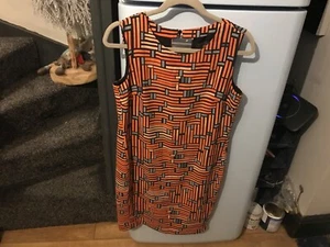 NEXT SIZE 10 SLEEVELESS SHIFT DRESS CUT OUT BACK ORANGE BLACK BLUE LINED - Picture 1 of 3
