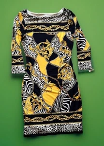 CACHE Gold Foil Bodycon Mixed Animal Chains Print Lined Dress 3/4 Sleeves Size 4 - Picture 1 of 11
