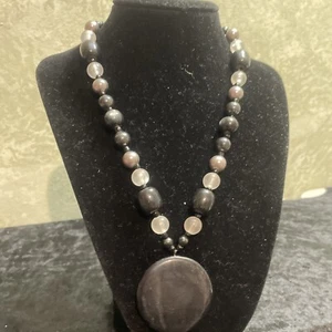 Vintage Black Moonstone Beads & Faux Pearl Necklace Big Moonstone Pendant 18-20” - Picture 1 of 8
