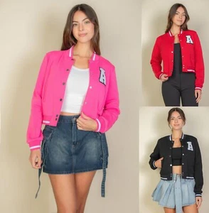 Women's Classic Snap Button Baseball Letterman Patched Crop Varsity Jacket - Picture 1 of 14