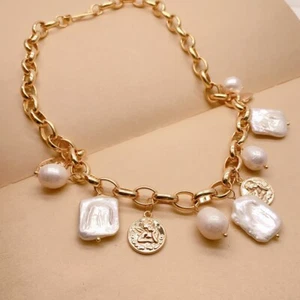17.5" Cultured White Rice Rectangle Keshi Pearl Charm Gold Plated Chain Necklace - Picture 1 of 6