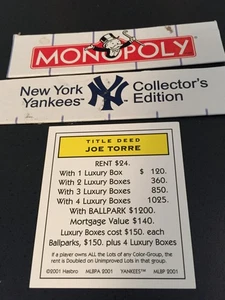 Monopoly New York Yankees JOE TORRE Title Deed Card 2001 Hasbro - Bild 1 von 3