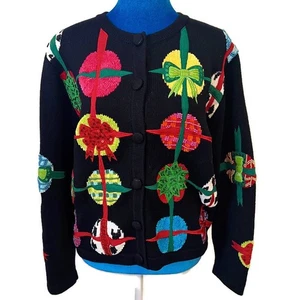 Vintage BEREK Beaded Sequined Holiday Cardigan Sweater Black Christmas Size L - Picture 1 of 9