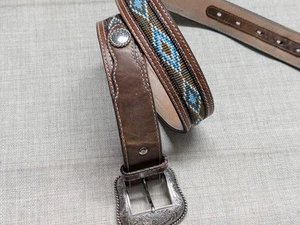 vintage BEADED buckle belt NOCONA native american 34 cowhide leather INDIAN - Picture 1 of 15