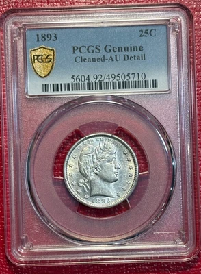 GOLDS SHIELD PCGS AU DETAILS 1893 P BARBER SILVER QUARTER-JUL224 - Image 1 of 4