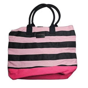 Victorias Secret Womens Large Canvas Tote Overnight Bag Pink Black Striped - Picture 1 of 5